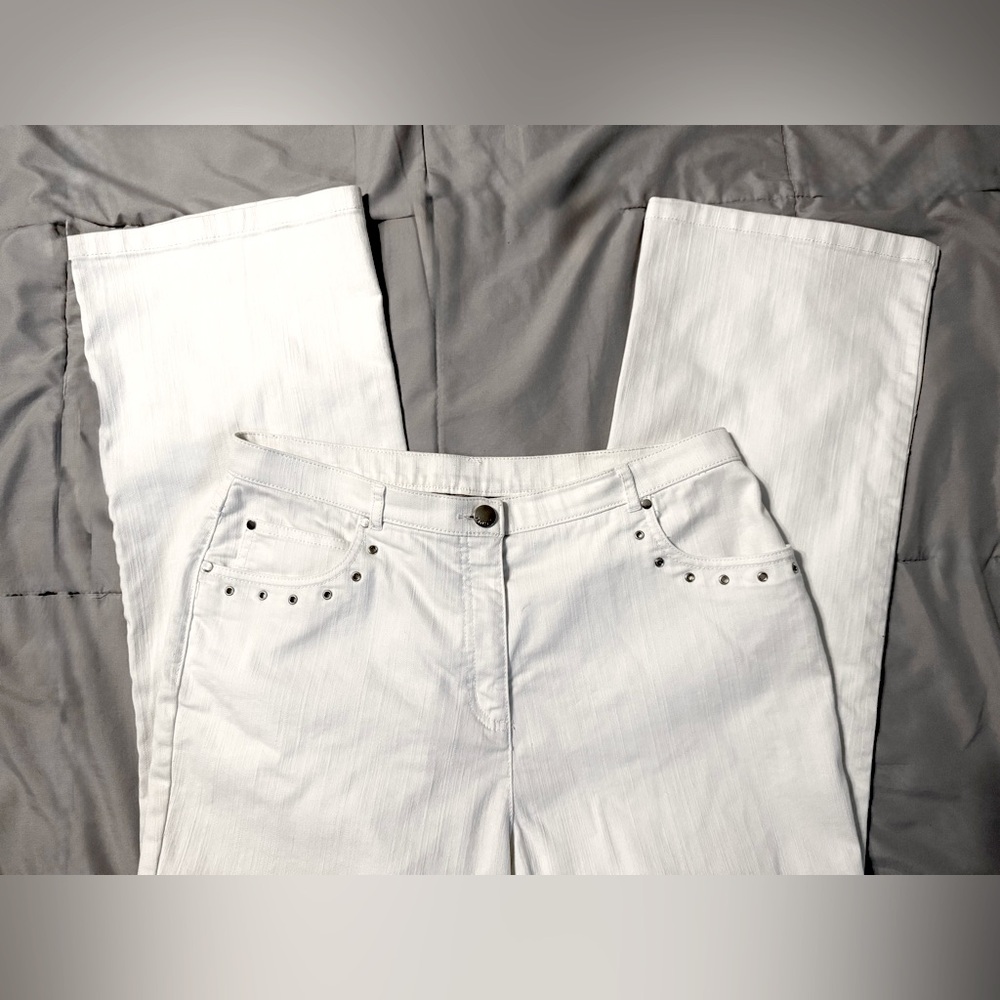 TANJAY Women’s L 12 White Jeans Wide Leg Stretch Pants L Silver Rivets 32x30 NEW